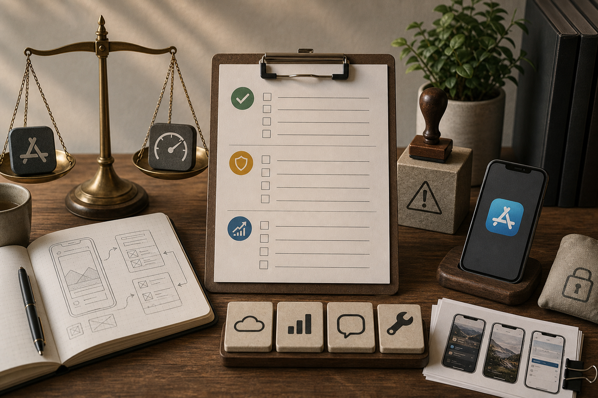 Checklist grid with pre-launch, review mitigation, and post-launch items specifically for Cursor-built iOS apps: signing, TestFlight, screenshots, privacy, native features, analytics, crash monitoring. Checklist grid with pre-launch, review mitigation, and post-launch items specifically for Cursor-built iOS apps: signing, TestFlight, screenshots, privacy, native features, analytics, crash monitoring.