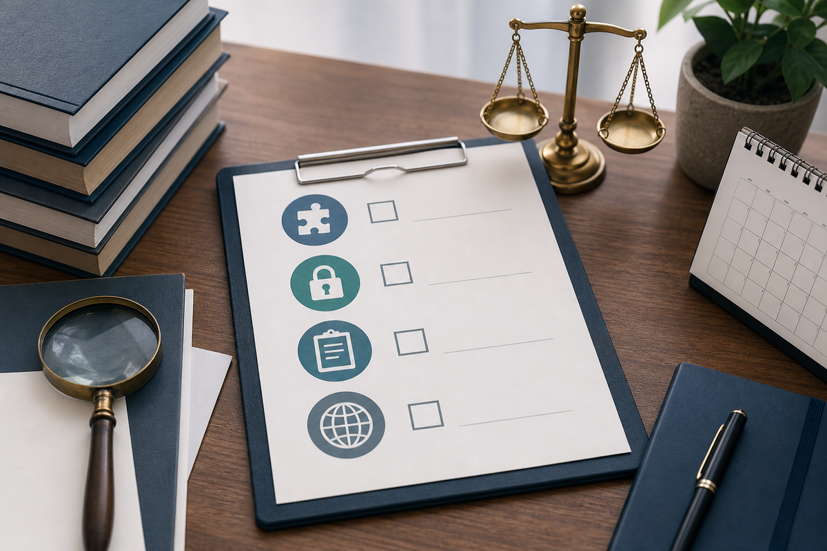 A checklist with four action items to complete before publishing an app on Google Play: SDK inventory, host policy, complete Data Safety, legal review.