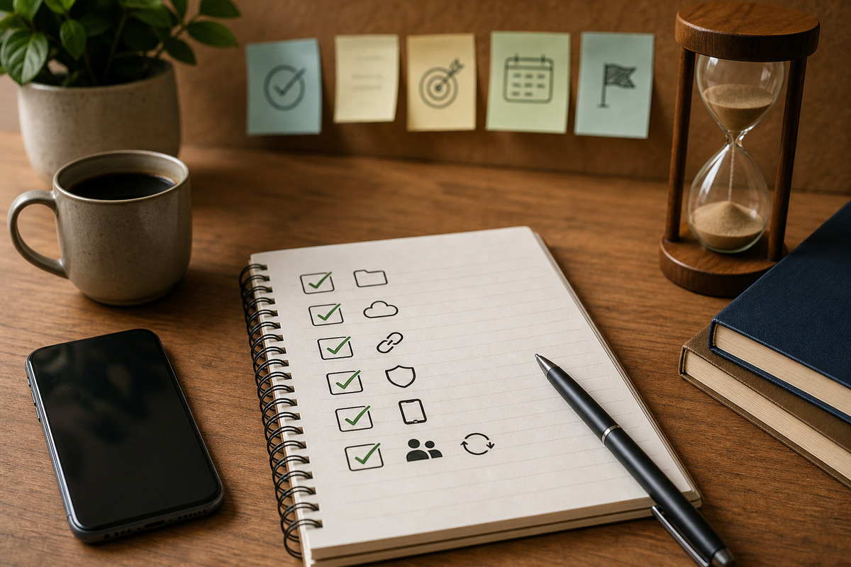Checklist with items: inventory, host policy, add App Store Connect URL, match App Privacy questionnaire, add in-app link, assign owners. Checklist with items: inventory, host policy, add App Store Connect URL, match App Privacy questionnaire, add in-app link, assign owners.