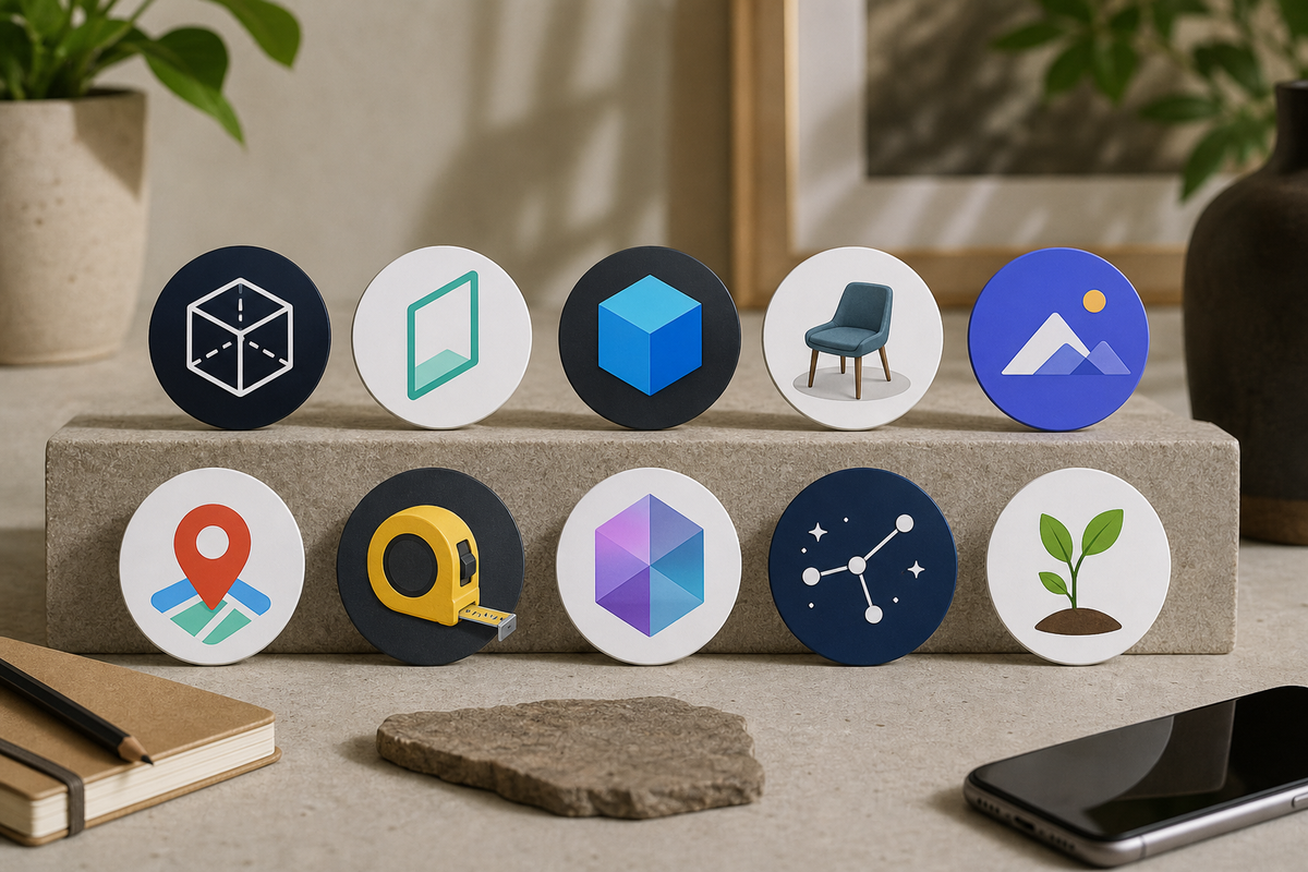 Collage of ten stylized app icons representing the top AR apps on Android arranged for quick scanning.