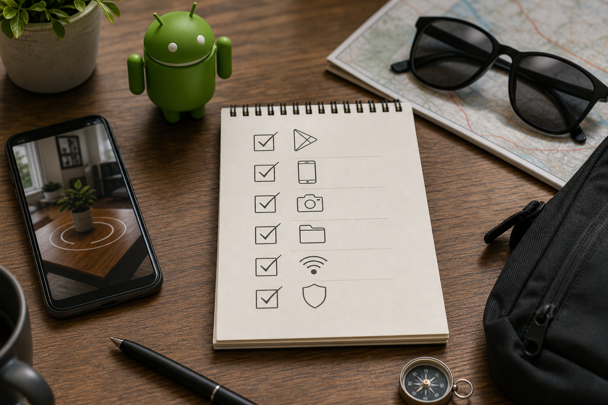 A six-point pre-install checklist for Android AR apps including ARCore, Android version, camera test, storage, permissions, and battery.