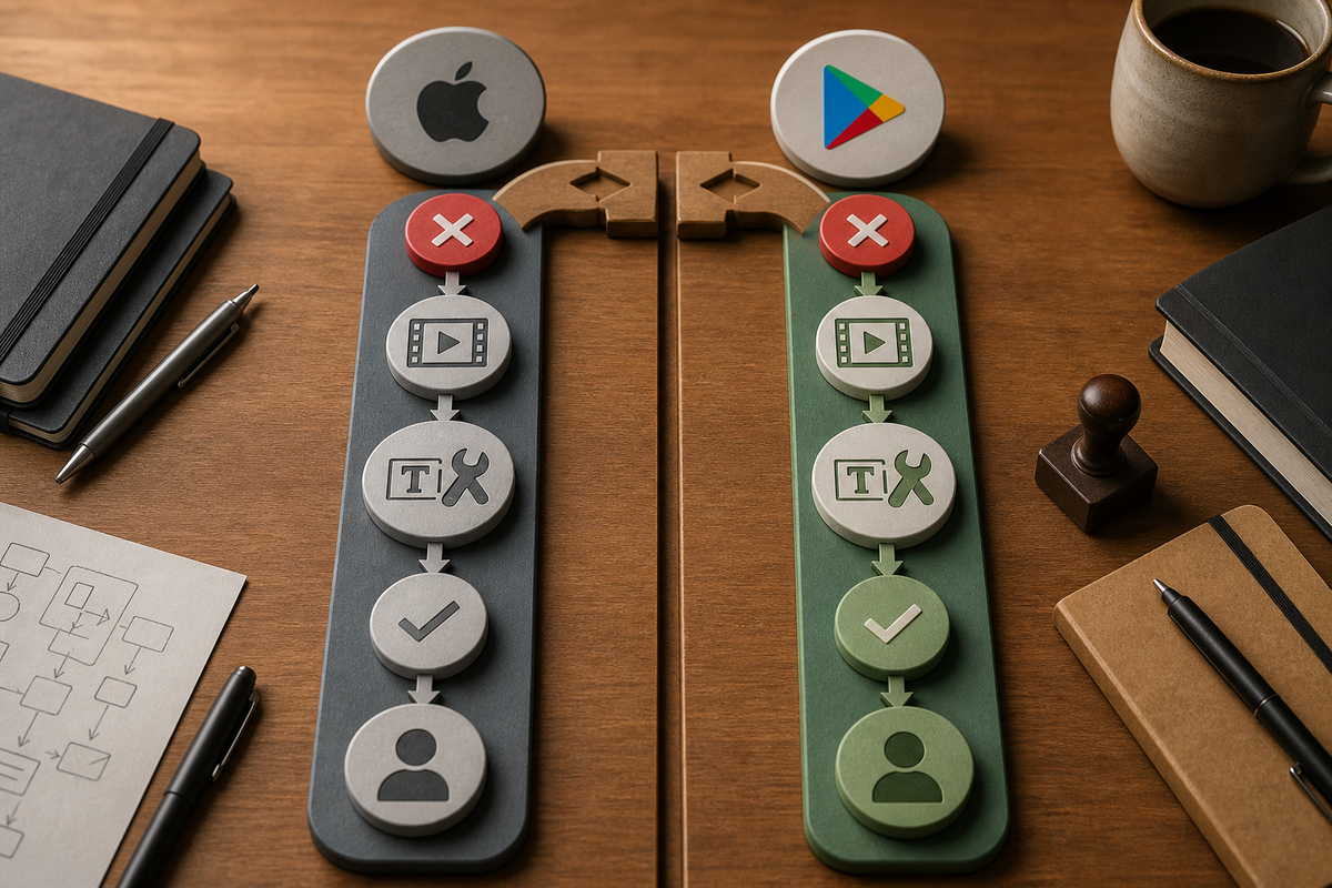 Process diagram comparing Apple and Google Play rejection remediation flows with expected time windows at each step. Process diagram comparing Apple and Google Play rejection remediation flows with expected time windows at each step.