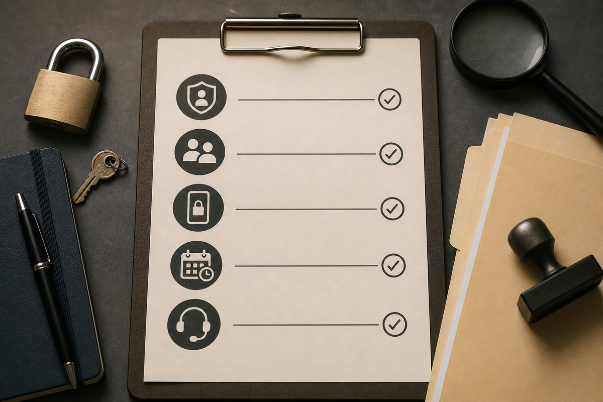 Checklist for secure demo account setup to satisfy App Store review, listing items like no PII, scoped roles, MFA handling, reset jobs, and support contact. Checklist for secure demo account setup to satisfy App Store review, listing items like no PII, scoped roles, MFA handling, reset jobs, and support contact.