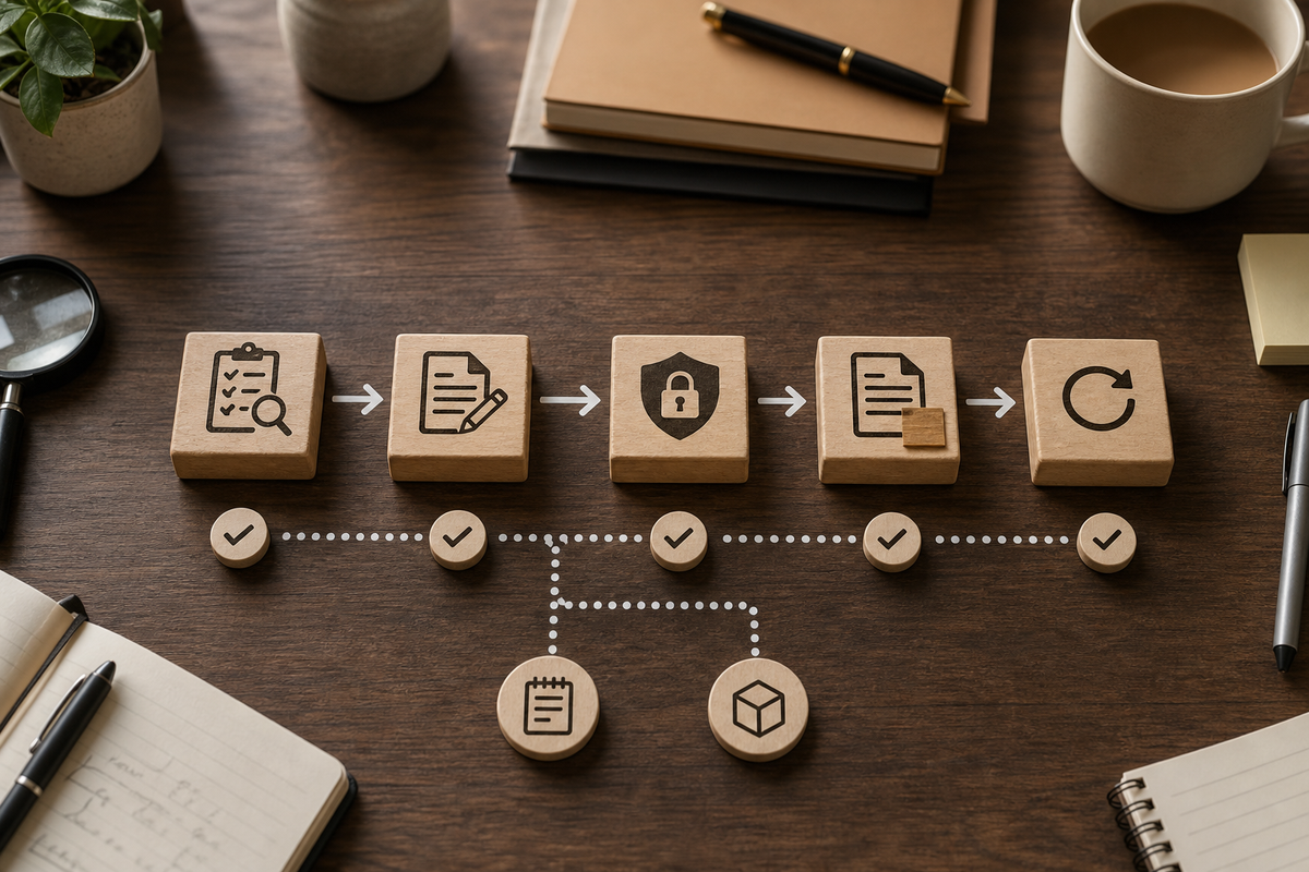 Flowchart showing inventory, policy update, App Privacy update, metadata notes, resubmit, and review timeframe checkpoints. Flowchart showing inventory, policy update, App Privacy update, metadata notes, resubmit, and review timeframe checkpoints.