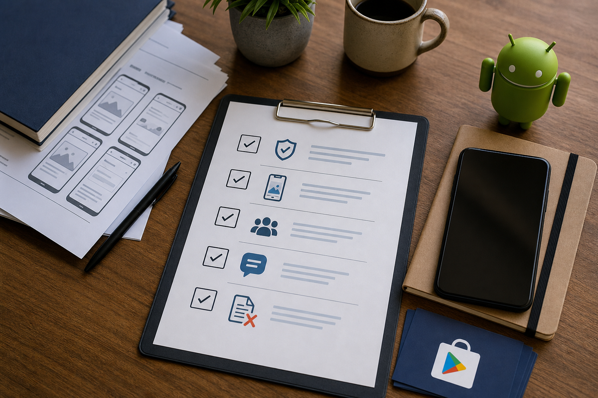 Checklist block with items: update privacy policy, add interactive screenshots, run internal tests, include notes for reviewer, remove PDF-only landing screen.