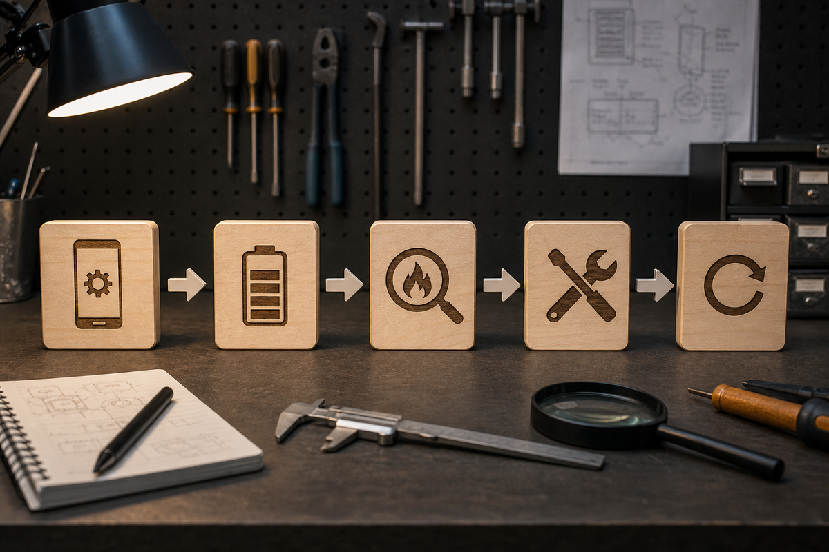 Process diagram mapping reproduce, profile, fix, and re-validate steps for fixing battery/CPU issues under Guideline 2.4.1.
