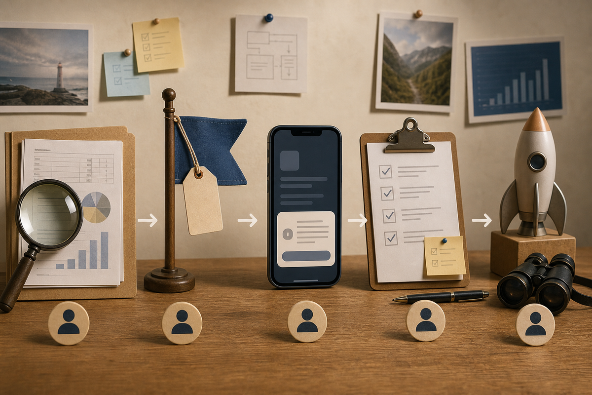 Process diagram mapping audit, metadata changes, in-app label, QA, and release steps with roles and time estimates.