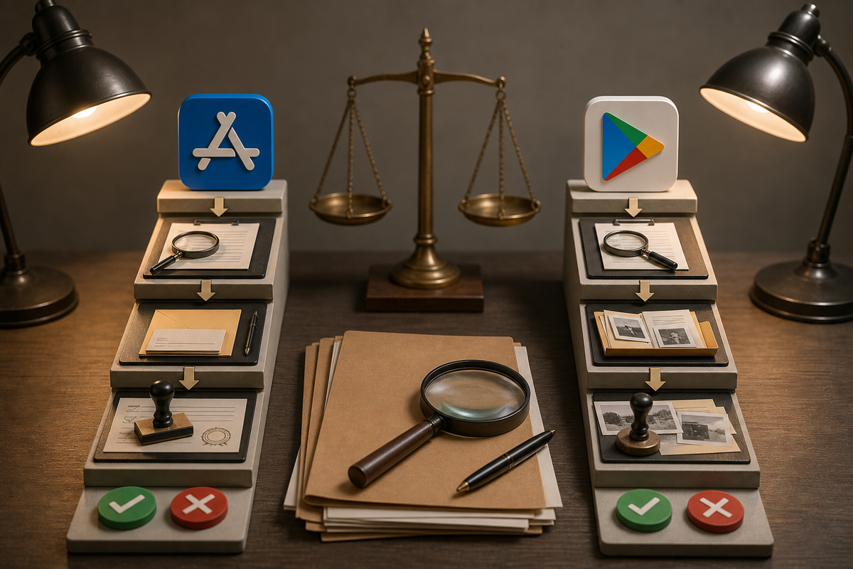 Process diagram comparing how App Store and Google Play reviewers check licensing, APR, and partner evidence for loan apps.