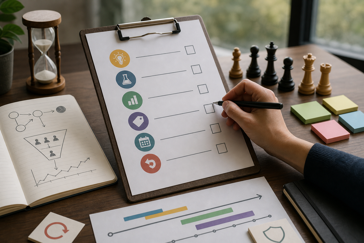 Experiment checklist listing hypothesis, sample size, KPIs, required tags, analysis windows, and rollback criteria for onboarding tests.
