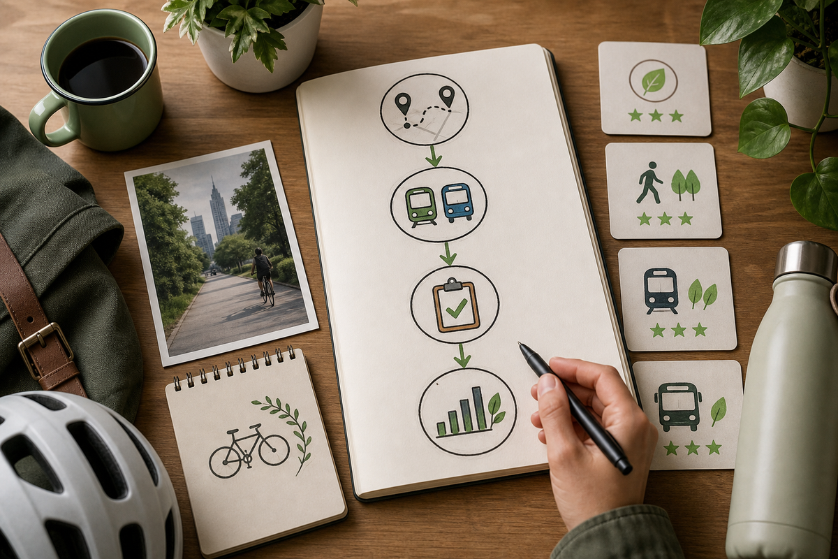Flow diagram mapping steps to replace car trips and rescue food: plan route, act, log avoided trips or rescued meals.