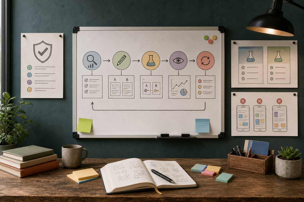 Workflow diagram for Google Play keyword experiment from research to iterate with timing and key metrics.
