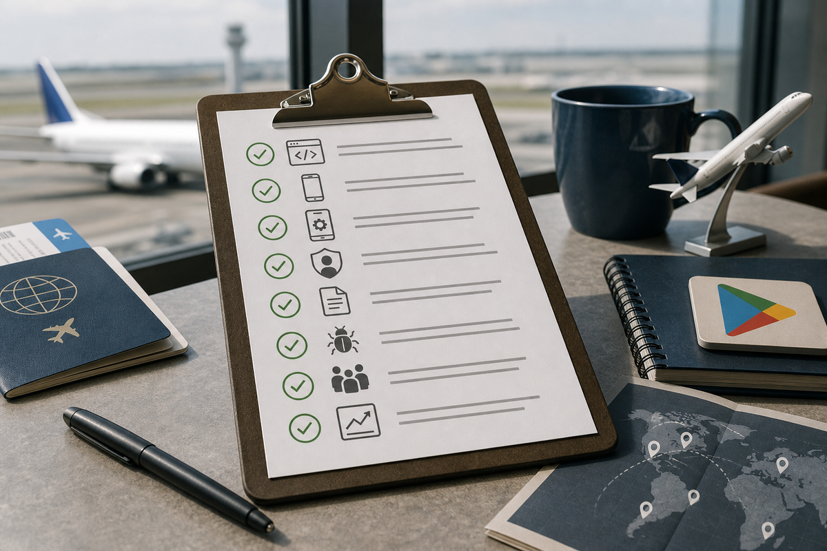 Checklist showing manifest, rationale screenshots, privacy policy, reproduction steps, telemetry, and staged rollout items for Play submission.