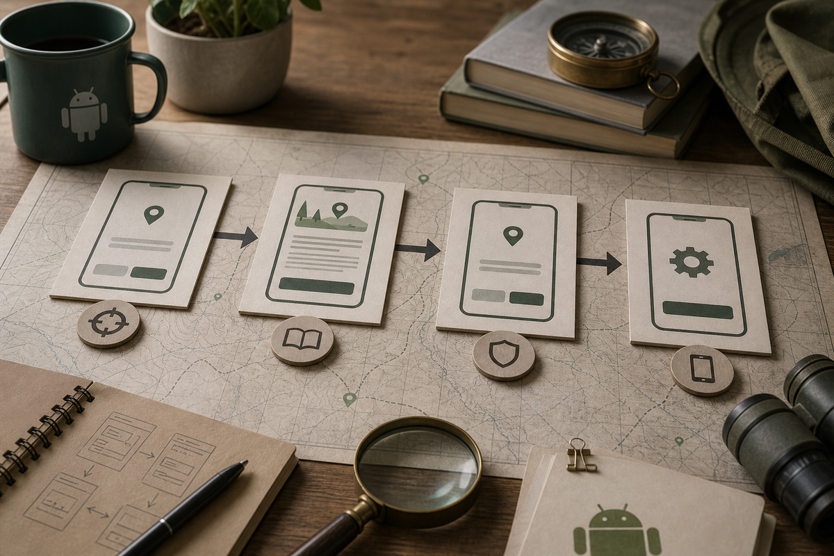 Diagram showing foreground permission, rationale screen, background prompt, settings fallback, and persistent notification for Android background location flow.