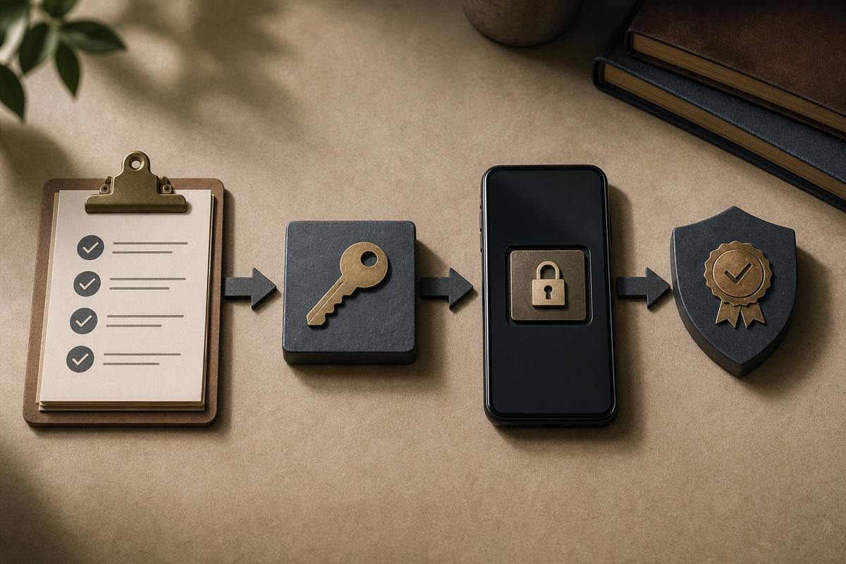 Flow diagram of key generation with StrongBox/attestation and server-side validation steps.