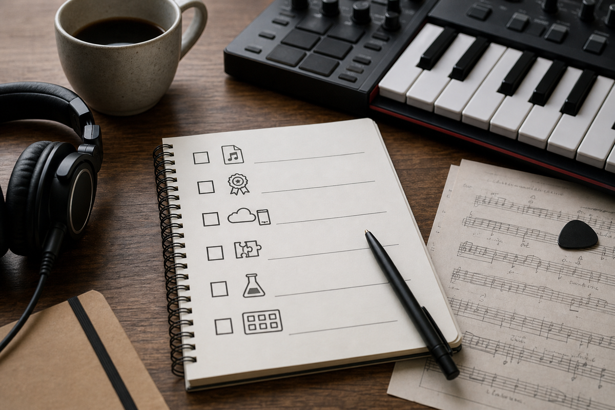 Checklist items: export formats, licensing clarity, on-device vs cloud, DAW integration, trial availability, batch generation. Checklist items: export formats, licensing clarity, on-device vs cloud, DAW integration, trial availability, batch generation.