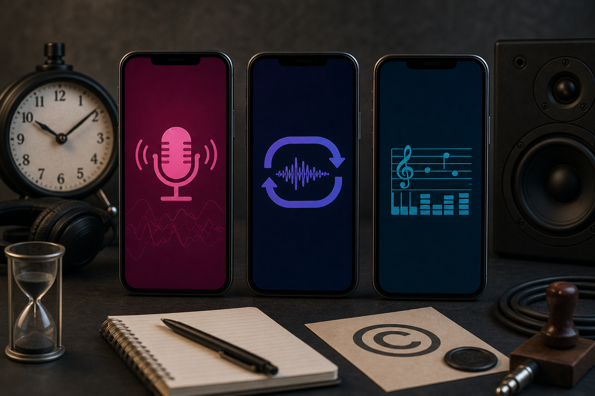 Phones labeled Boomy, Mubert, AIVA with icons for quick-song creation, live loops, and MIDI/score export. Phones labeled Boomy, Mubert, AIVA with icons for quick-song creation, live loops, and MIDI/score export.