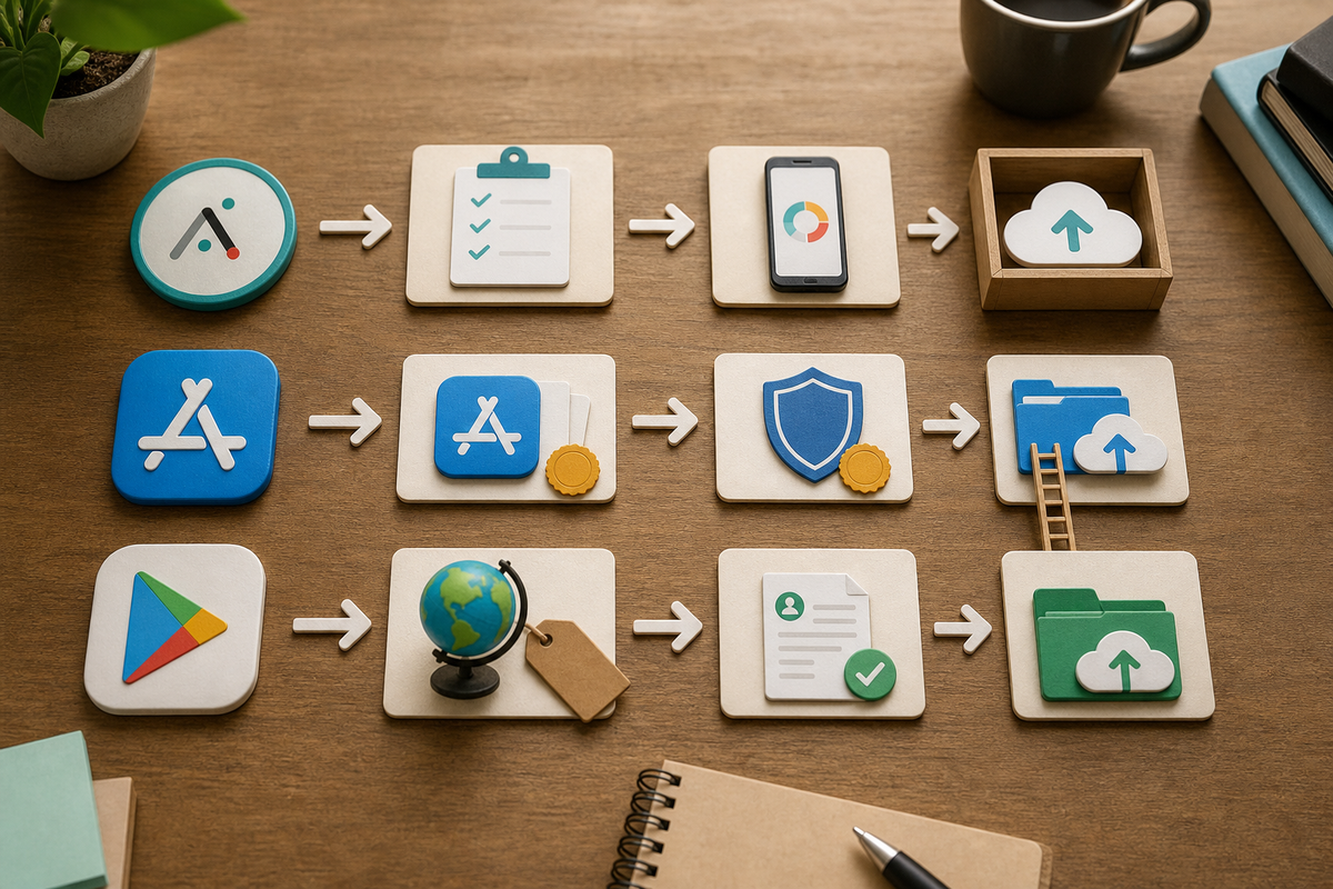Process diagram mapping Adalo build request to App Store Connect and Google Play Console steps, highlighting signing handoffs and staged rollout decision points.