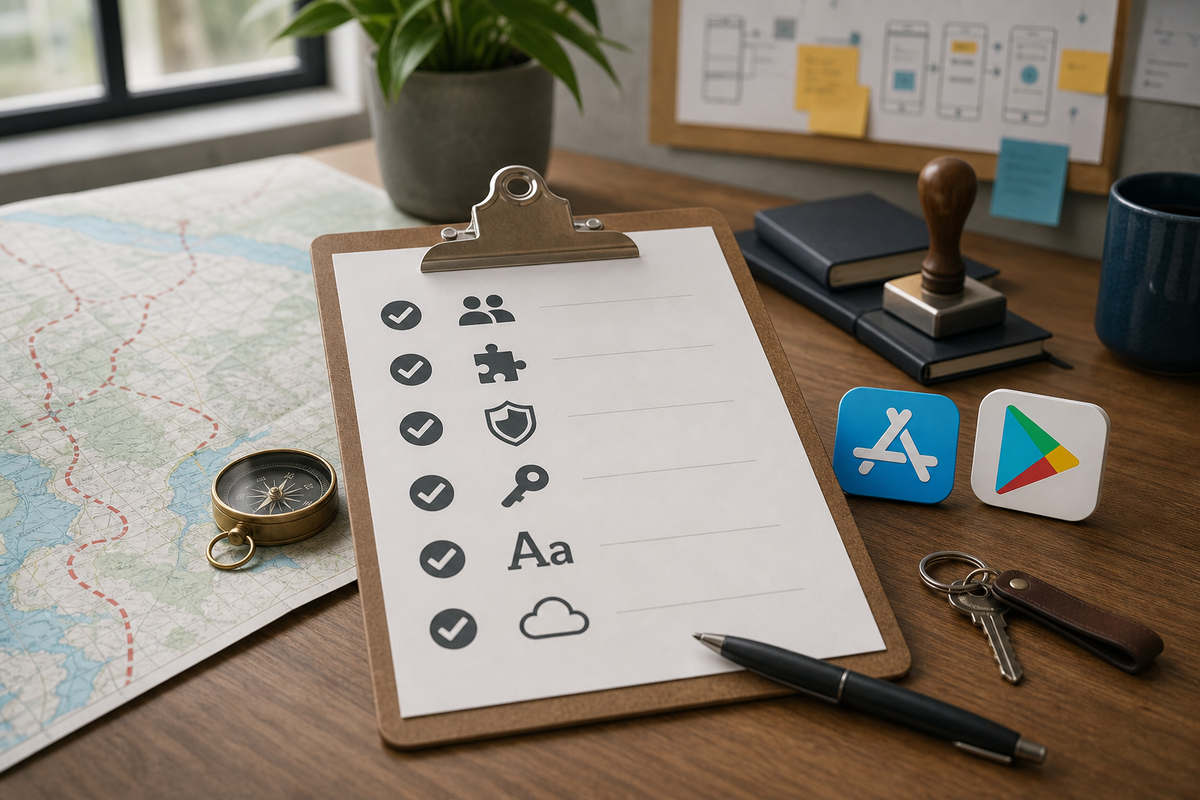 Checklist of pre-publish items specific to Adalo builds: developer accounts, signing keys, package IDs, store screenshots, privacy URL, and analytics instrumentation.