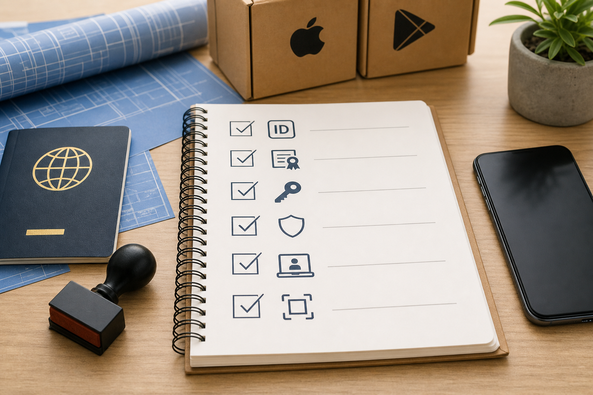 Checklist of preflight items for publishing a Bubble-built app: bundle ID, certificates, keystore, privacy URL, demo account, screenshots, push keys, and IAP configuration.