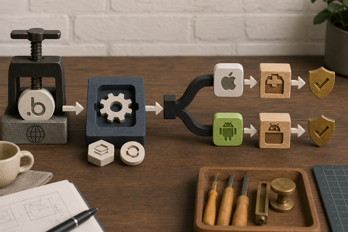 Flowchart from Bubble web app to wrapper to iOS and Android build steps, signature, and upload destinations.