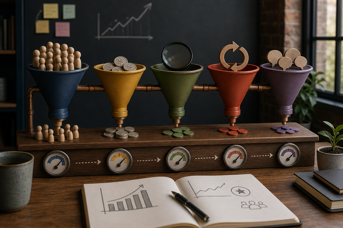 Funnel diagram connecting creator posts, paid tests, ASO, referral loops and community content with KPI labels for each stage.