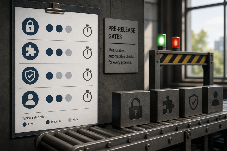 Checklist block showing secret scanning, dependency scanning, build hardening, and auth smoke tests with owner and effort indicators for each gate.