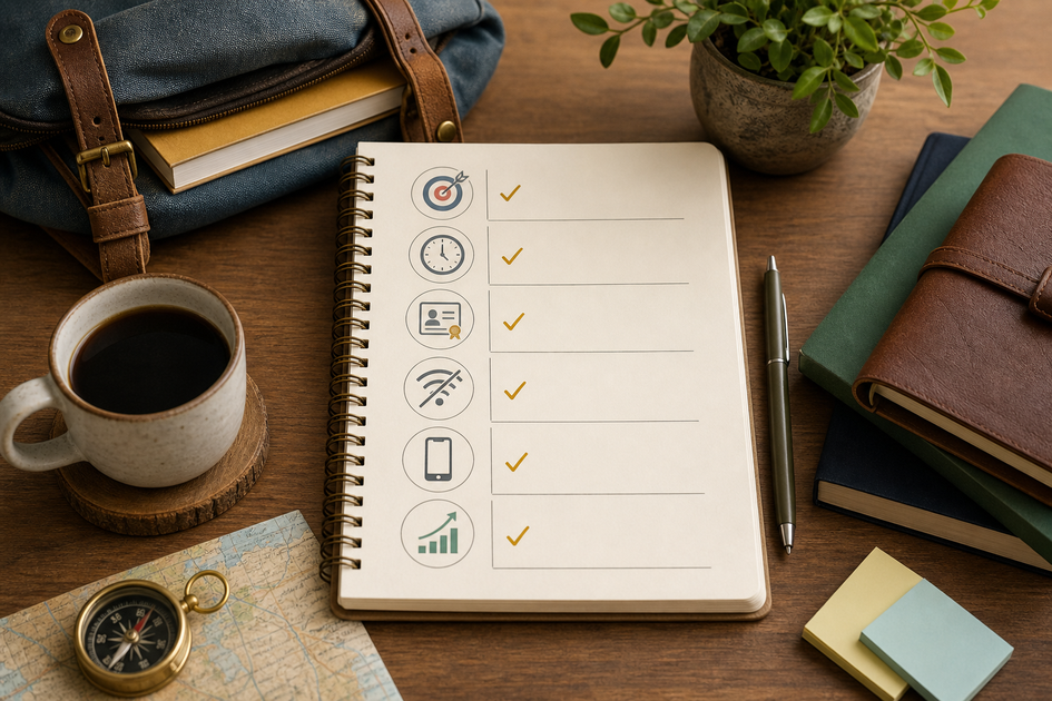 A six-point mobile checklist to choose a learning app: define outcome, time per day, credential need, offline requirement, device preference, and trial metric.