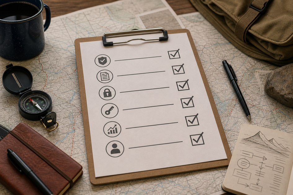 Checklist block listing preflight items: signed build, metadata, privacy form, demo credentials, rollout plan, monitoring owner.