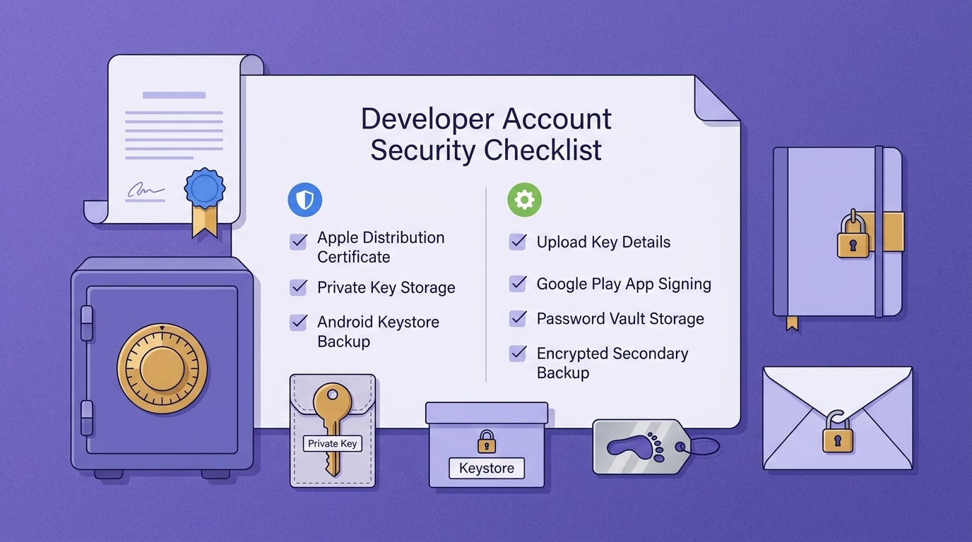 Checklist for securing iOS distribution certificates, private keys, Android keystores, upload keys, and Google Play App Signing backups. Checklist for securing iOS distribution certificates, private keys, Android keystores, upload keys, and Google Play App Signing backups.