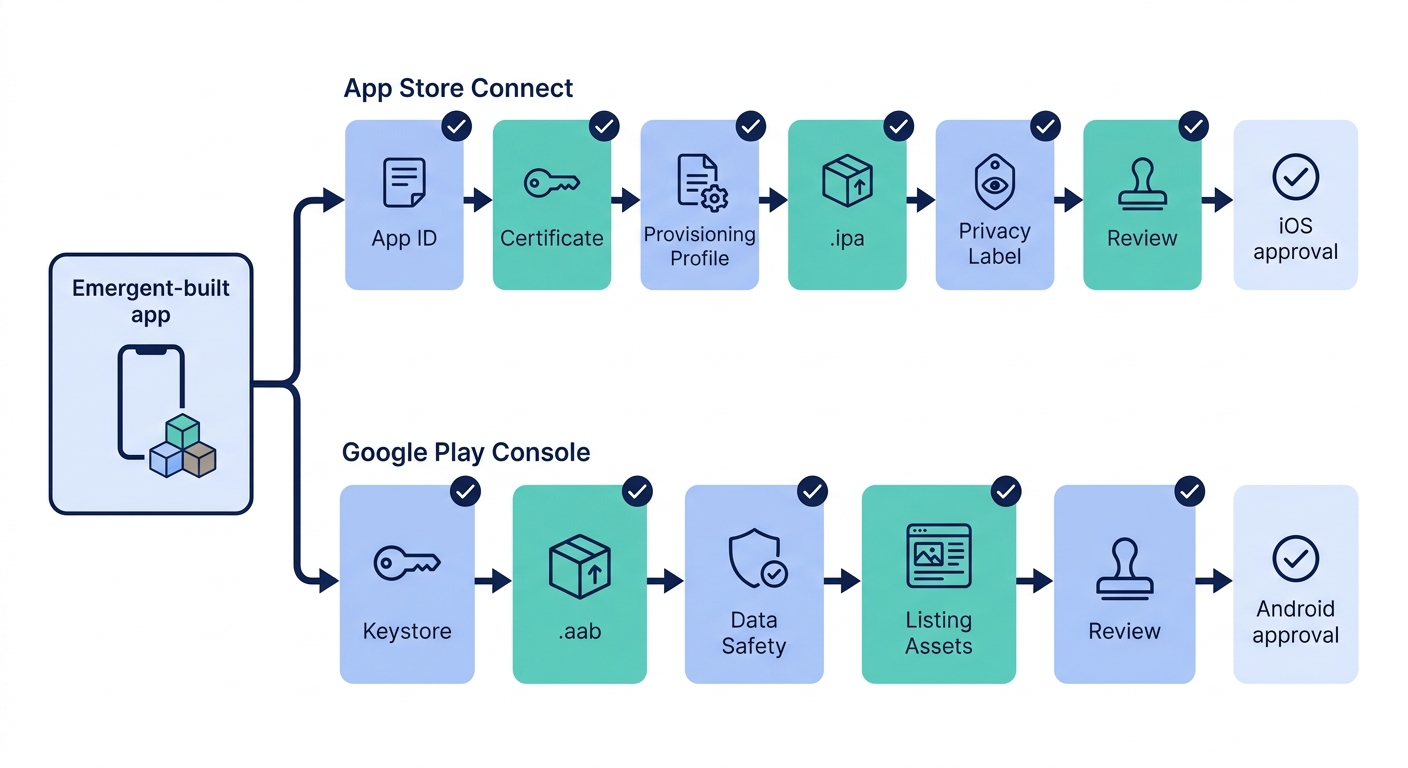 Diagram showing that an Emergent-built app still needs separate iOS and Android publishing steps before App Store or Google Play approval. Diagram showing that an Emergent-built app still needs separate iOS and Android publishing steps before App Store or Google Play approval.
