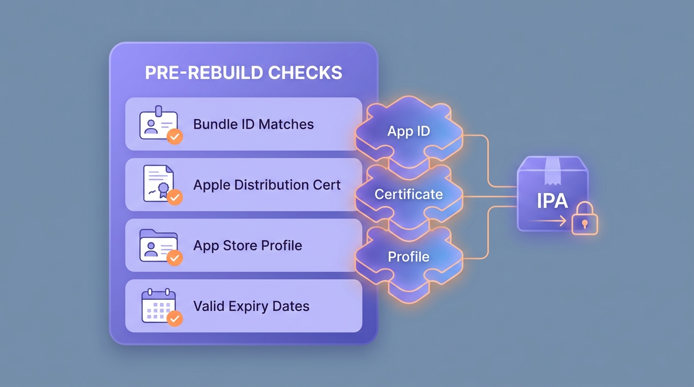 Checklist for fixing iOS code signing errors before rebuilding: Bundle ID, Apple Distribution certificate, App Store provisioning profile, and expiry dates. Checklist for fixing iOS code signing errors before rebuilding: Bundle ID, Apple Distribution certificate, App Store provisioning profile, and expiry dates.