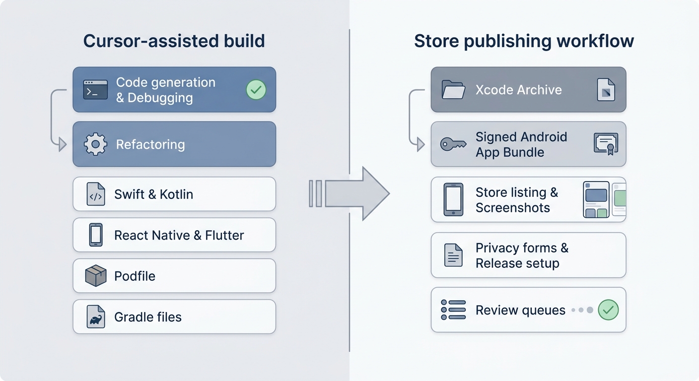 Diagram showing Cursor helping with mobile app code while App Store and Google Play still require signed builds, listings, privacy forms, and review. Diagram showing Cursor helping with mobile app code while App Store and Google Play still require signed builds, listings, privacy forms, and review.