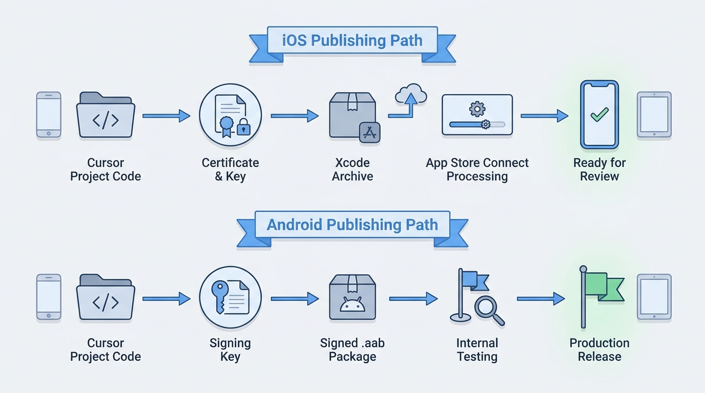 Side-by-side flow comparing iOS Xcode archive upload and Android signed App Bundle upload for a Cursor-built mobile app. Side-by-side flow comparing iOS Xcode archive upload and Android signed App Bundle upload for a Cursor-built mobile app.