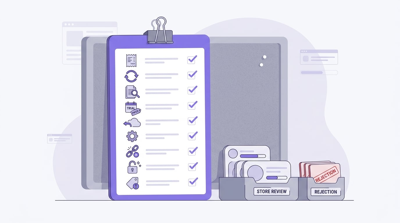 Pre-submit checklist for preventing subscription app rejection on the App Store and Google Play. Pre-submit checklist for preventing subscription app rejection on the App Store and Google Play.